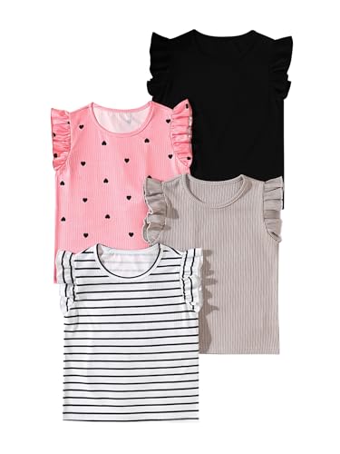 Girls 4 Packs Tees Ruffle Short Sleeve T-Shirt Ribbed Knit Casual Summer Tunic Tops 4-12 Years