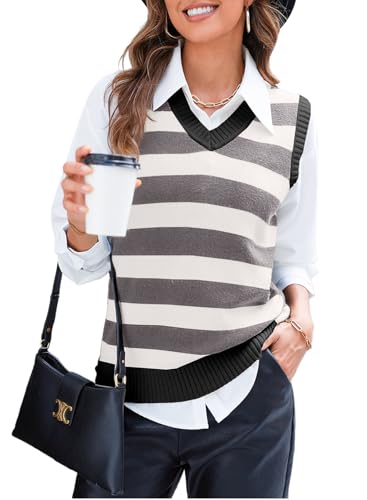 EVALESS Sweater Vest Women V Neck Stripe Knit Sleeveless Tunic