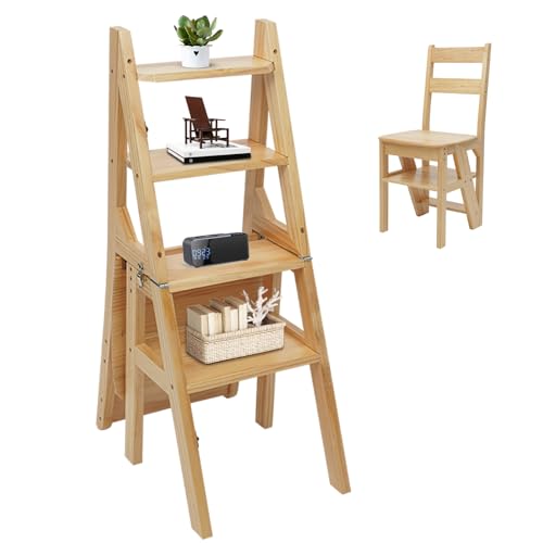 Escalera plegable con asiento, 4 peldaños, escalera y taburete de madera de pino en uno, carga de 100 kg, altura ajustable para cocina, biblioteca y hogar, estable y ahorra espacio (color madera)