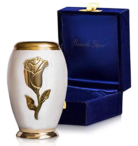 Nazareth Store Beautiful Small Keepsake Cremation Urn for Human Ashes Elite Pearl White and Gold Rose Flower, Hand Made 100% Brass Miniature Memorial Funeral Urns for Sharing Ashes - with Velvet Bag