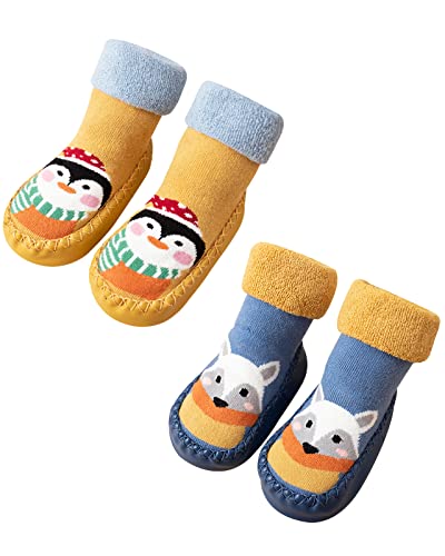 Adorel Chaussons Chaussettes Anti-dérapantes Bébé Lot de 2 Penguin Jaune, Renard Bleu 19-21 (Taille Fabricant: 13)