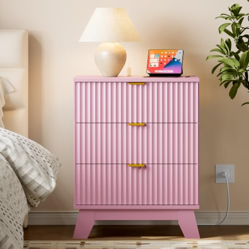 Image of BORNOON 30.5 inch Nightstand with Charging Station, 3-Drawer Fluted Bedroom Chest, Wood Bedside Dresser with Power Outlets and USB Ports, Metal Slides, Stable Base, Modern Storage Cabinet for Small Spaces
