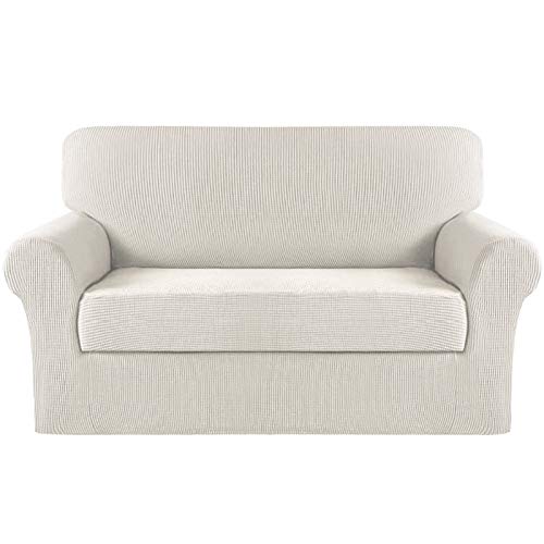Image of Turquoize Stretch Sofa Slipcover 2 Pieces Sofa Cover Couch Cover for 2 Cushion Couch Washable Furniture Protector Covers with Elastic Bottom Feature Thick Jacquard Fabric (Loveseat, Ivory)