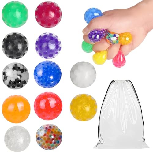 12 Stück Anti Stress Bälle und 1 Stück Aufbewahrungstasche Set, Quetschball für Kinder und Erwachsene, Mitgebsel Kindergeburtstag Squishy Stressball, Anti Stress Bälle Kindergeburtstag Gastgeschenke