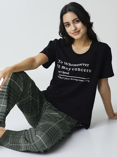 Image of Night Suit for Womens Checks Printed Cotton Night Dress of Top and Pajama Set 9410