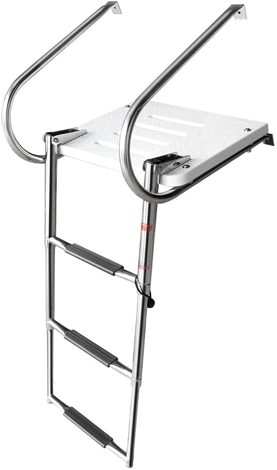 RELAX4LIFE Bootsleiter Mit 4 Stufen, Poolleiter Klappbar, Badeleiter Edelstahl, Pontonleiter Mit Rutschfesten Stufen, Tragkraft 200 Kg, Schwimmbadleiter Für Schwimmbad Deck Boot