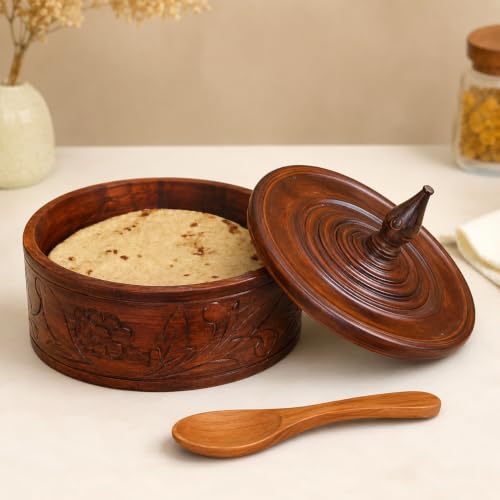 Image of HandmadeWood Roti Box with Lid | Enamel-coated Chapati Box for Serving & Storage | Wooden Hot Pot Casserole Dabba for Bread, Snacks, and Roti (22.5W) 22.5L 12.5H Natural