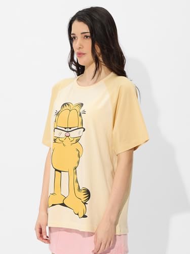 Image of The Souled Store Garfield: Purrfectly Lazy Women and Girls Short Sleeves Round Neck Yellow Graphic Printed Cotton Oversized T-Shirts