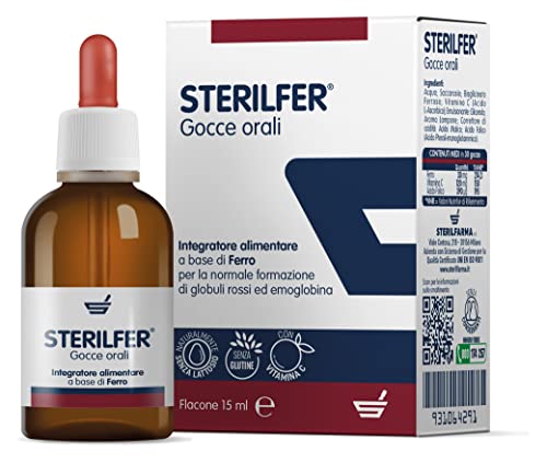 STERILFER - IN CASO DI CARENZA DI FERRO - integratore alimentare IN GOCCE con Acido Folico e Vitamina C, INDICATO DALLA NASCITA SENZA CONSERVANTI, GLUTINE E LATTOSIO flacone da 15 ml(microemulsionato)