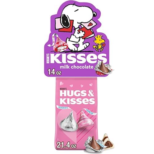 Bundle of HERSHEY'S KISSES Milk Chocolate Snoopy and Friends, Valentine's Candy Gift Box, 14 oz + HERSHEY'S HUGS & KISSES Assorted Flavored, Valentine's Candy Bag, 21.4 oz