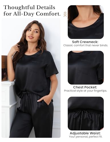 Image of THXSILK Mulberry Silk Womens Pajama Set with Pocket, 2 Piece Lounge Sets for Women, Short Sleeve Sleepwear