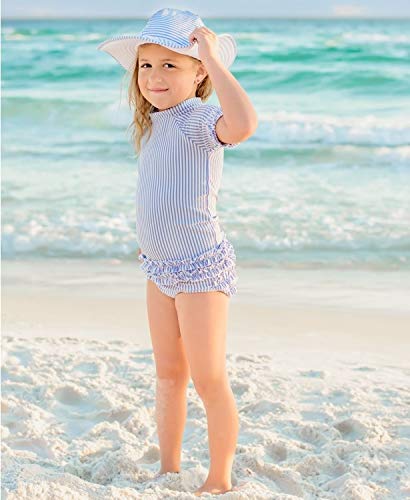 Rufflebutts® Baby/Toddler Girls Periwinkle Blue Striped Seersucker Swim Hat - 3T-5 #TOP1