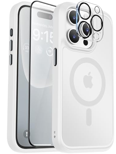 Image of BossKiss Compatible with iPhone 15 Pro Case, [Compatible with Magsafe] [Screen+Camera Protector] Magnetic Translucent Matte Women Men Girl Protective Cover for iPhone 15 Pro 6.1 inch, Frosted White