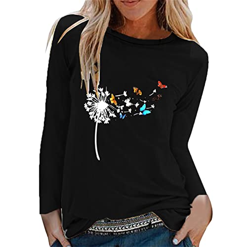 Camiseta de Manga Larga con Estampado de Moda para Mujer, Sudadera Blusa Camisa Moda Cuello Redondo Suelta Informal Color Sólido Casual Basica Jersey Tops Fiesta T-Shirt(G Negro,M)