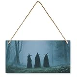 Letrero decorativo de madera para pared, diseño de tres brujas en bosque brumoso, decoración rústica para colgar en el jardín