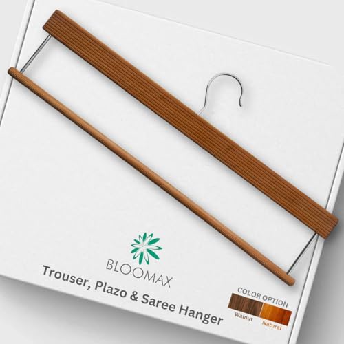 Image of BLOOMAX 14‑Inch Wooden Trouser Hangers | Walnut Finish | German Technique | Non‑Slip Bar & 360 Swivel Hook | Pack of 12 Premium Wardrobe Hangers | Made in India