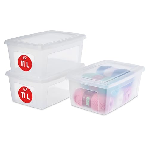 Iris Ohyama, Boite de Rangement Multi-Usages, 11L, Lot de 3, Fermeture Facile, Empilable, en Plastique Transparent, pour Placard, Étagères, Ecole,...