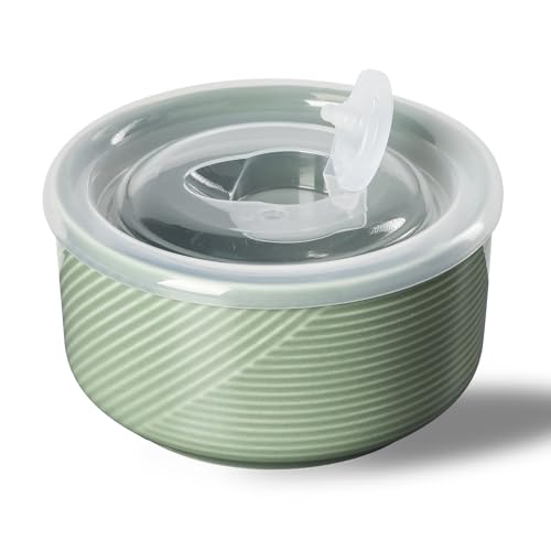 Adewnest Ceramic Bowl with Lid: 20 oz Microwave Safe Food Storage Container for Soup, Salad, Cereal, Leftovers, Meal Prep, Lunch, Picnic, Camping, Serving - Airtight, Green, 1 PCS