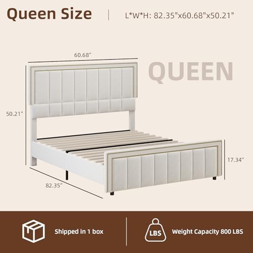 Image of BarnFurin 50 inch Extra Tall Queen Bed Frame, Squeak-Free Chenille Upholstered Platform Bed, Vertical Tufted, No Box Spring Required, Beige