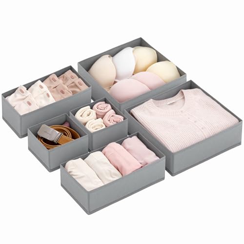 LAJIAKE Drawer Organisers for Clothes 6 Pack Fabric Drawer Dividers in 3 Sizes Foldable Clothes Organiser for Dresser Drawers & Wardrobe Storage Non-Woven Storage Boxes Grey