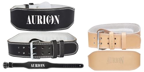 Image of Aurion Premium Long Lasting Super Weight Lifting Belt (Small, Black, Pack of 1) & Aurion Universal Genuine Leather Weight Lifting Belt (Medium, Tan Color, 1pc)