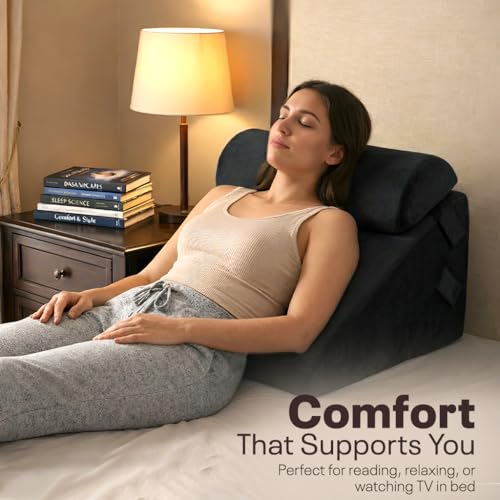 Image of Orthopedic Adjustable Wedge Pillow with Memory Foam & Headrest for Back Support, Leg Elevation, Acid Reflux, GERD, Snoring Relief - 7 Inclines - Soft Washable Cover - Black (56 x 53 x 38 CM)