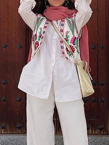 Qianderer Damen Vintage Stickerei Blumen Weste Y2k Leinen Offene Vorderseite Ärmellos Cardigan Mode Blumenweste, S