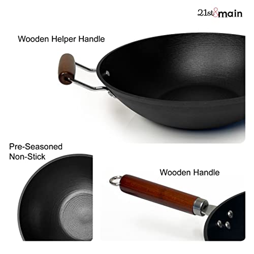 21St & Main Light Weight Cast Iron Wok, Stir Fry Pan, Wooden Handle, 14 Inch, Chef’s Pan, Pre-Seasoned Nonstick, Commercial And Household, For Chinese Japanese And Others Cooking #TOP2