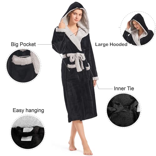 Image of Inner Wish Women Hooded Plush Robe, Fleece Highly Absorbent Cozy Warm Bathrobe