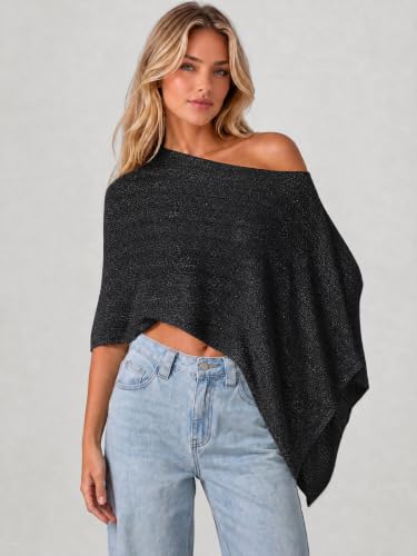 YOINS Womens Sheer Poncho Top Knit Crochet Mesh Shrug Shawl Going Out Black — view 5