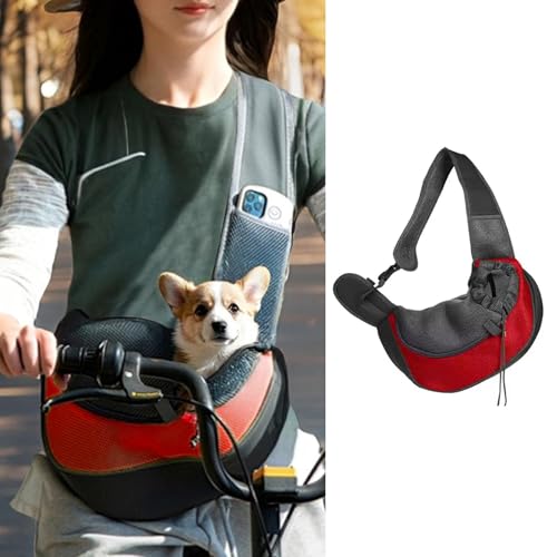 Pet Dog Sling Carrier with Large Pocket and Adjustable Strap – Anti-Falling Breathable Mesh Travel Sling Bag for Small Dogs Teddy Bears and Cats – Portable Crossbody Front Backpack (Large,Red)
