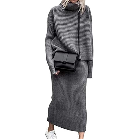 Onsoyours Women's Knitted Dress 2 Piece Suit Sweater Top Long Sleeve Solid Colour Maxi Knitted Skirt Bodycon Sweatshirt Turtleneck Jumper Dress Autumn Winter Top and Bottom Set A Grey M Cover