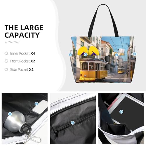 (Tram Street Scenery) Large Beach Tote Bag For Women With Zipper Foldable Lightweight Travel Pool Bag For Vacation Shopping3