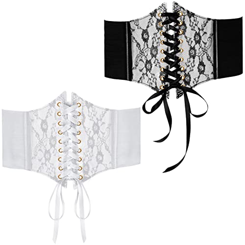 Newcotte 2 Pieces Vintage Wide Elastic Corset Waist Belts Women Lace Up Black Belt Waistband Party Club Prom Clothing Dress Belts Transparent Pvc Lace Crochet Petal Elastic Wide Belt For Dress Shirt #TOP5