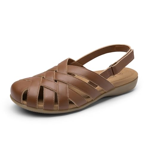 Rihero Summer Brown Sandals Women Dressy Closed Round Toe Anti-slip Fisherman Sandals for Women with Ankle Strap Beach Walking Holidays Going Out 8
