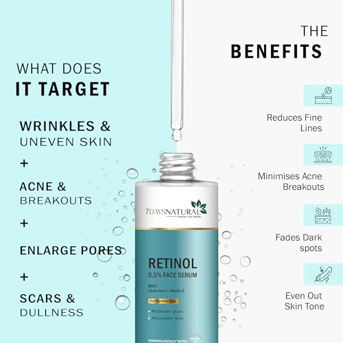 Image of 7DAYSNATURAL Retinol Face Serum | 0.5% Retinol with Lactic Acid & Vitamin E | Night Serum for Wrinkles, Fine Lines & Scars | Oily to Combination Skin | 30ml