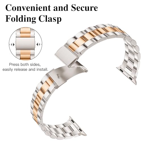 Image of Melyis Slim Metal Band Compatible with Apple Watch Bands for Women 44mm 45mm 46mm 42mm 49mm, Stainless Steel iWatch Bands for Apple Watch Band Series 11 10 9 SE 8 7 6 5 4 3 2 1 Ultra, Starlight /Rose Gold