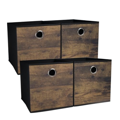 Folzaelar 4 Pack Durable Storage Cube Bins with Decorative Wood Grain,Thickened Fabric Box,Storage Basket for Shelves,Closet,Storeroom,Bedroom,Living Room,Nursery,Office,Dorm,RV, 12x12x12in ( (Medium)