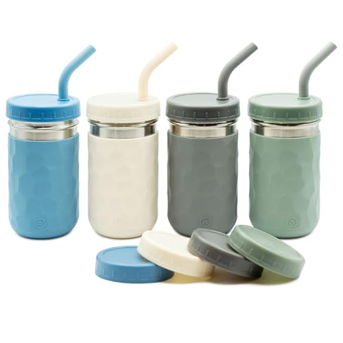 Image of WeeSprout 2-in-1 Drinking Cups for Kids, Durable Stainless Steel Tumbler for Smoothies, Silicone Straws with Stoppers, Premium Plastic Twist Lids, Easy-Grip Sleeves, Set of 4 Dishwasher Safe Kid Cups