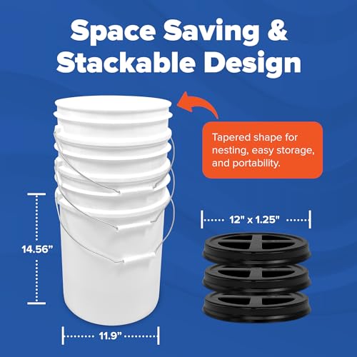 Image of ePackageSupply 5 Gallon Bucket - Food Grade w /Lid BPA-Free, White /Black, 6 | Airtight Gamma Seal Screw-On Lid, Heavy-Duty 90 Mil HDPE Plastic, Food Safe and Durable Container, Bulk Storage, Made in USA