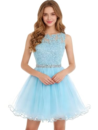 Image of Dydsz Women's Lace Applique Short Prom Dress A Line Tulle Homecoming Dresses Beaded Mini Graduation Party Dress