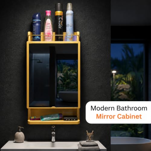 Image of BRANCO Bathroom Cabinet with Mirror | Storage Organiser | Strong Plastic Bathroom Shelves Wall Mounted | Mirror Cabinet (Golden)