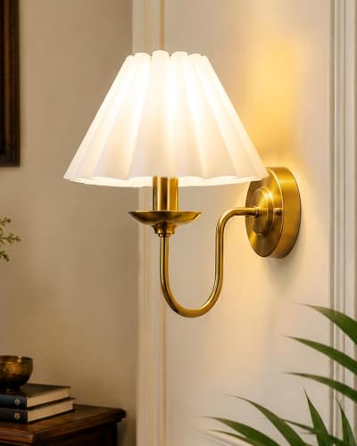Image of Homesake Antique Brass Wall Sconce Light with Black Floral Fabric Shade, Vintage E27 Wall Light Fixture, Industrial Gold Wall Lamp for Bedroom, Living Room, Hallway, Bathroom & Home Decor