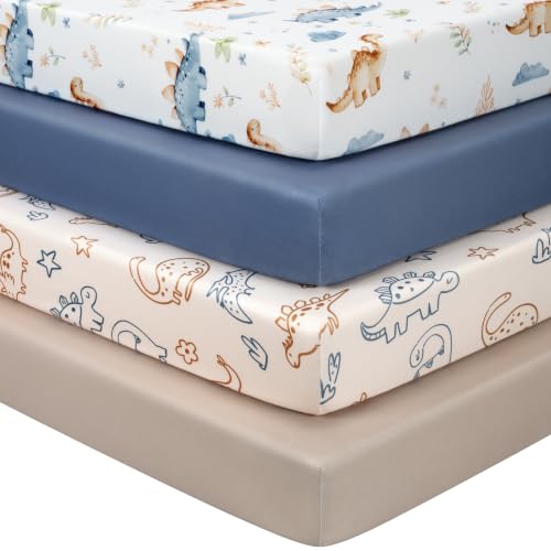 FIEMOL Baby Crib Sheets for Boys Girls Toddler Bed Sheets Fitted for 52x28 Standard Crib and Toddler Mattresses 4 Pack Soft Stretchy Microfiber Khaki Blue Dinosaur