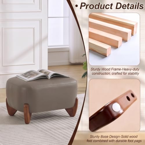 Image of WUTUTUEE 28.7 inch Faux Leather Ottoman with Solid Wood Legs, Modern Upholstered Footstool, Comfy Ottoman for Living Room, Bedroom, Tan