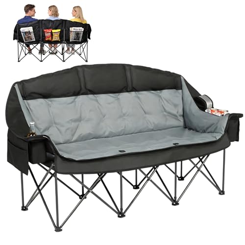 3 Person Camping Chair for Adults Folding Double Camping Chair Oversized Heavy Duty Camping Loveseat with Cup Holders & Carry Bag Portable Outdoor Lawn Chair for Camping Beach Backyard Black & Grey