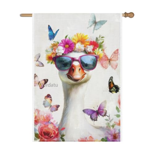 Wordatu Welcome Goose Flowers and butterflies Decorative Garden Flag, Home Yard Outdoor Decor, Spring Summer Seasonal Small Outside Decoration Double Sided 28x40 Inches (5327)