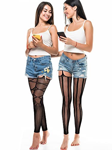 6 Pairs Fishnet Stockings for Women Footless Tights High Waist Suspender Pantyhose Garter Belt Leggings for Halloween(Star)2