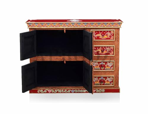 Image of APRODZ Hand-Painted Solid Wood Sideboard Cabinet with Multi Drawers | Wooden Storage Cabinet for Bedroom Living Room & Kitchen | Crockery Cabinet, Kitchen Storage | Multicolor, 45x16x36 Inches