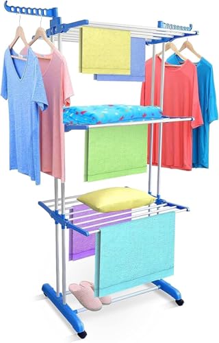 Image of Lukzer 3-Tier Foldable Clothes Drying Rack with Wheels | Stainless Steel Laundry Stand | Space-Saving, Heavy-Duty, Rust-Resistant for Indoor Outdoor Use - Towels, Clothes, Bedsheets